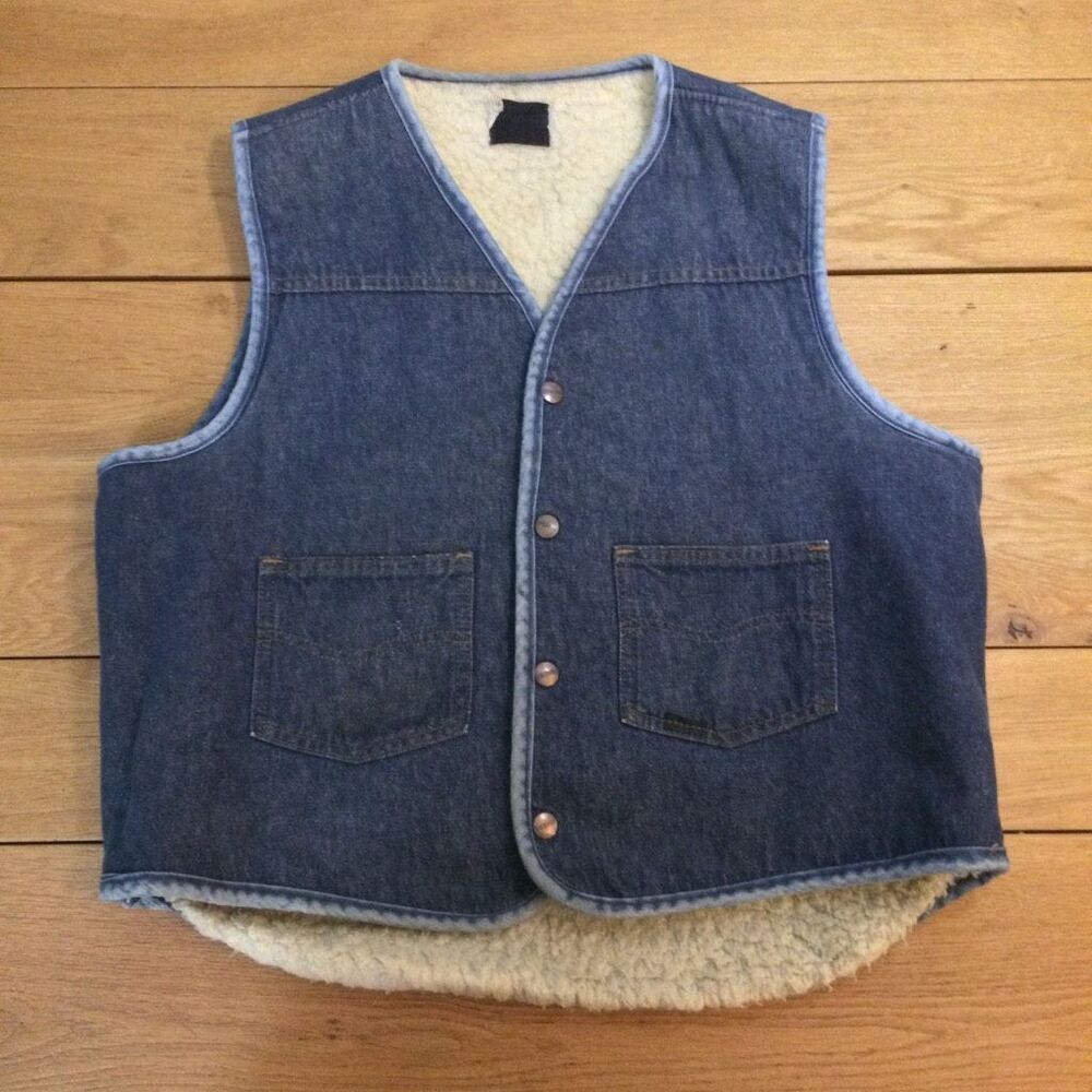 Vintage 70s Roebucks Sherpa Lined Denim Vest Large Fleece Snap Front USA Western